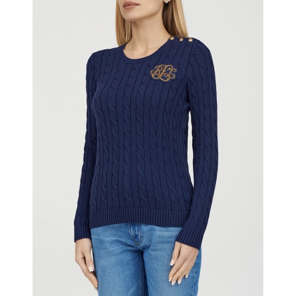 Lauren Ralph Lauren Button-Trim Cable-Knit Sweater Navy Size Large Gold Patch